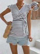 Maternity Striped Print Wrap Knot Side Nursing Tee