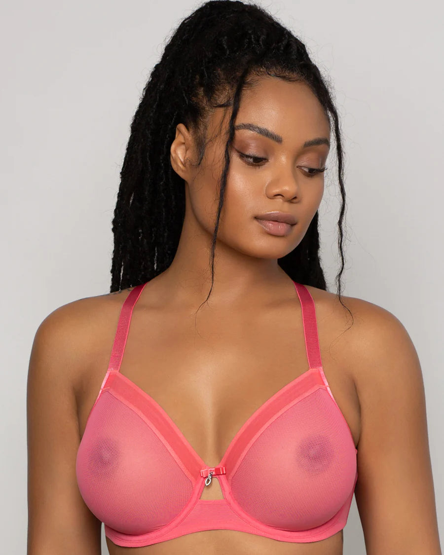 Sheer Mesh Full Coverage Unlined Underwire Bra Sun Kissed Coral