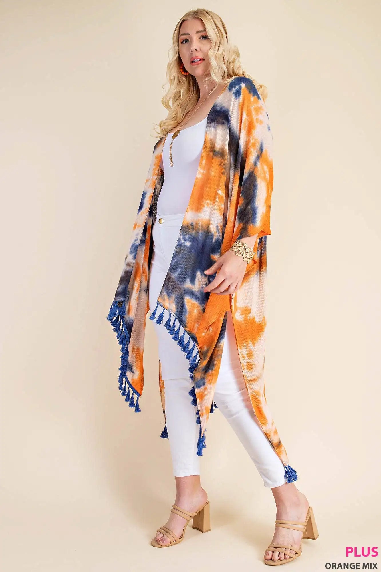 Tie Dye Kimono with Tassel Hem Detail Plus Size