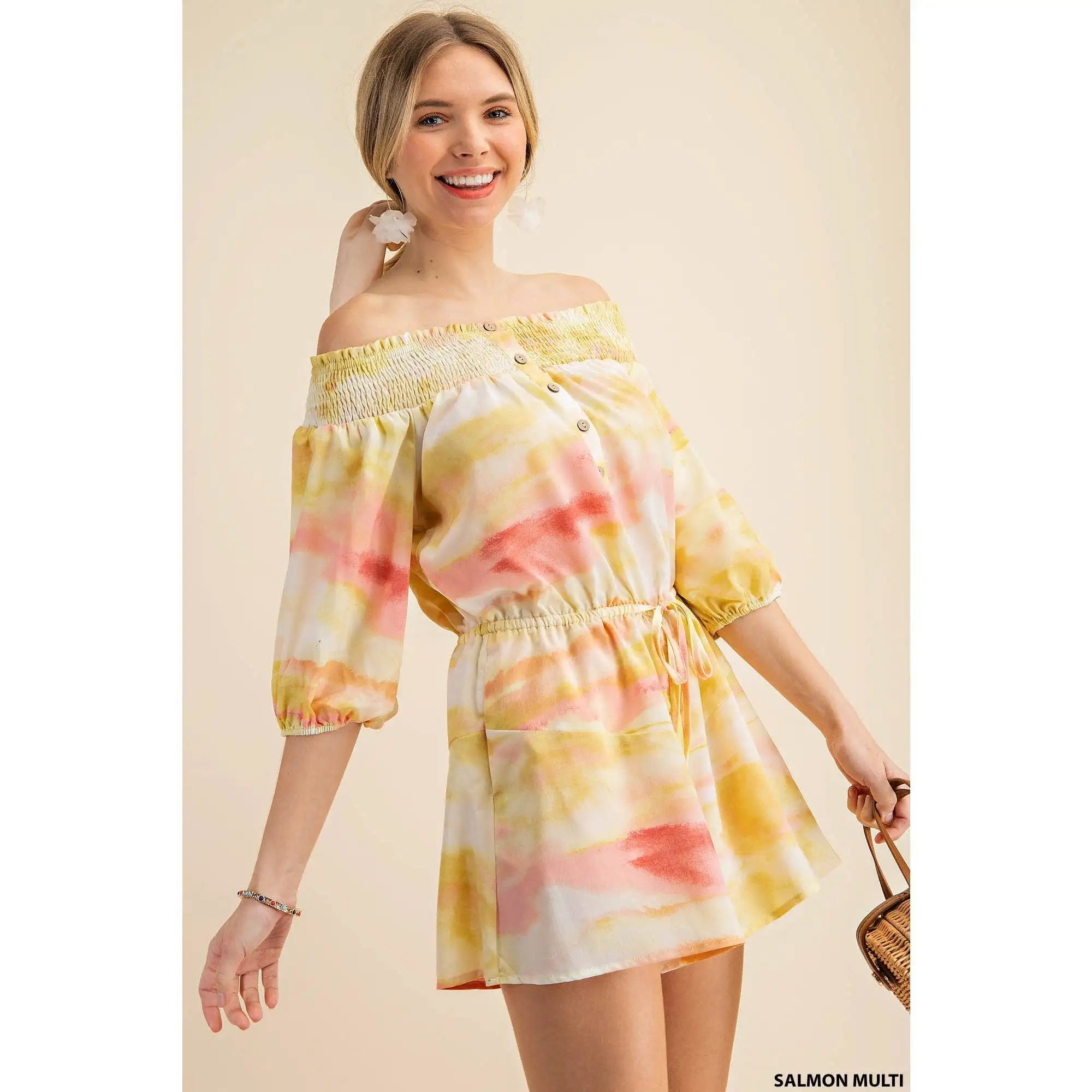 Tie Dye Smock Off Shoulder Romper