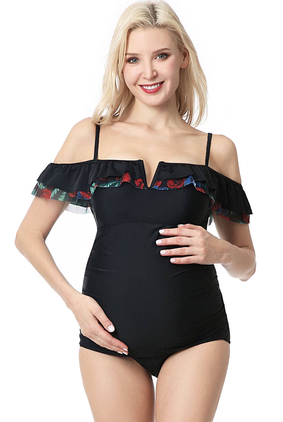 Maternity "Karsyn" UPF 50+  Floral Trim One Piece Swimsuit