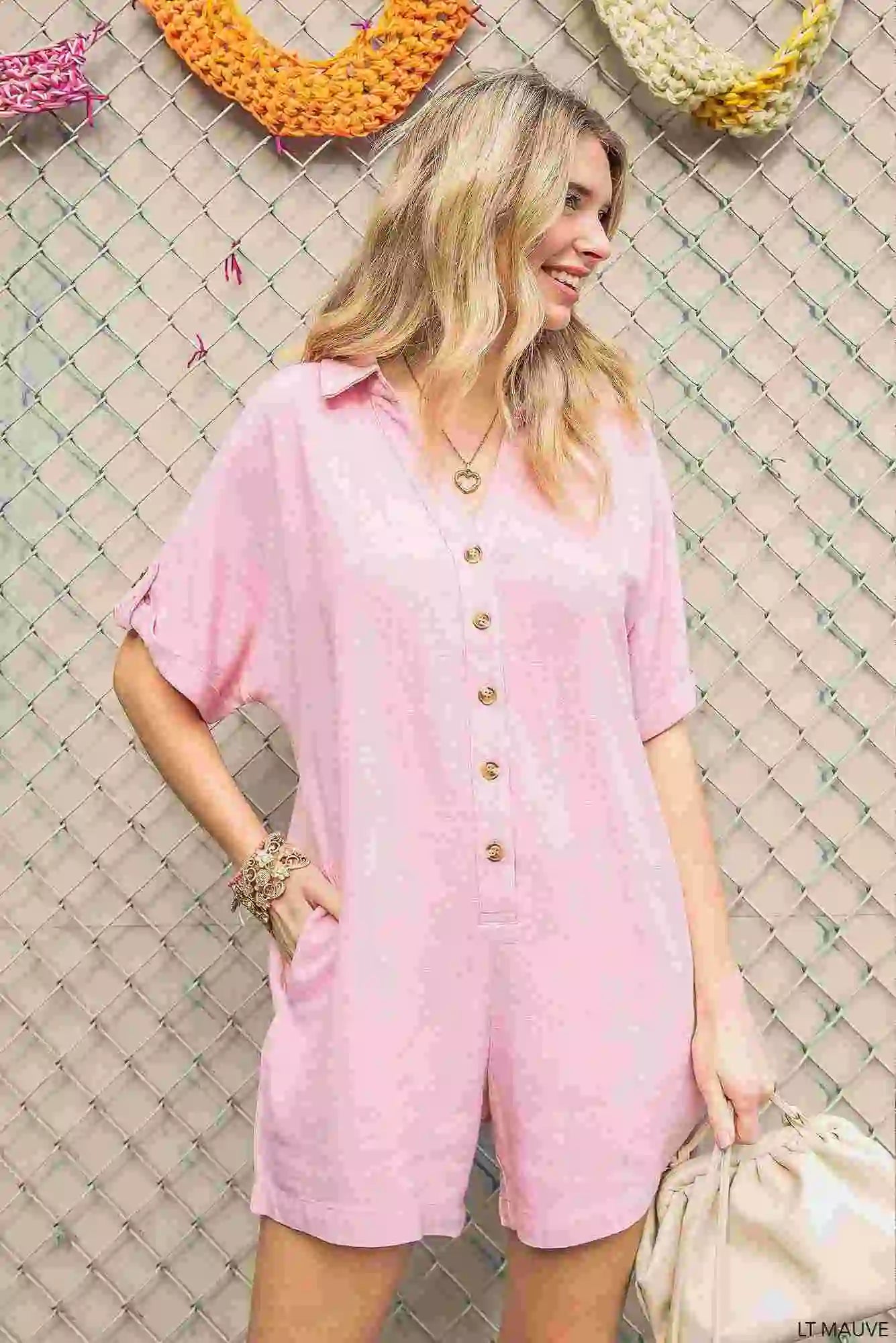Button Romper wide side pockets Romper-Loose fitting