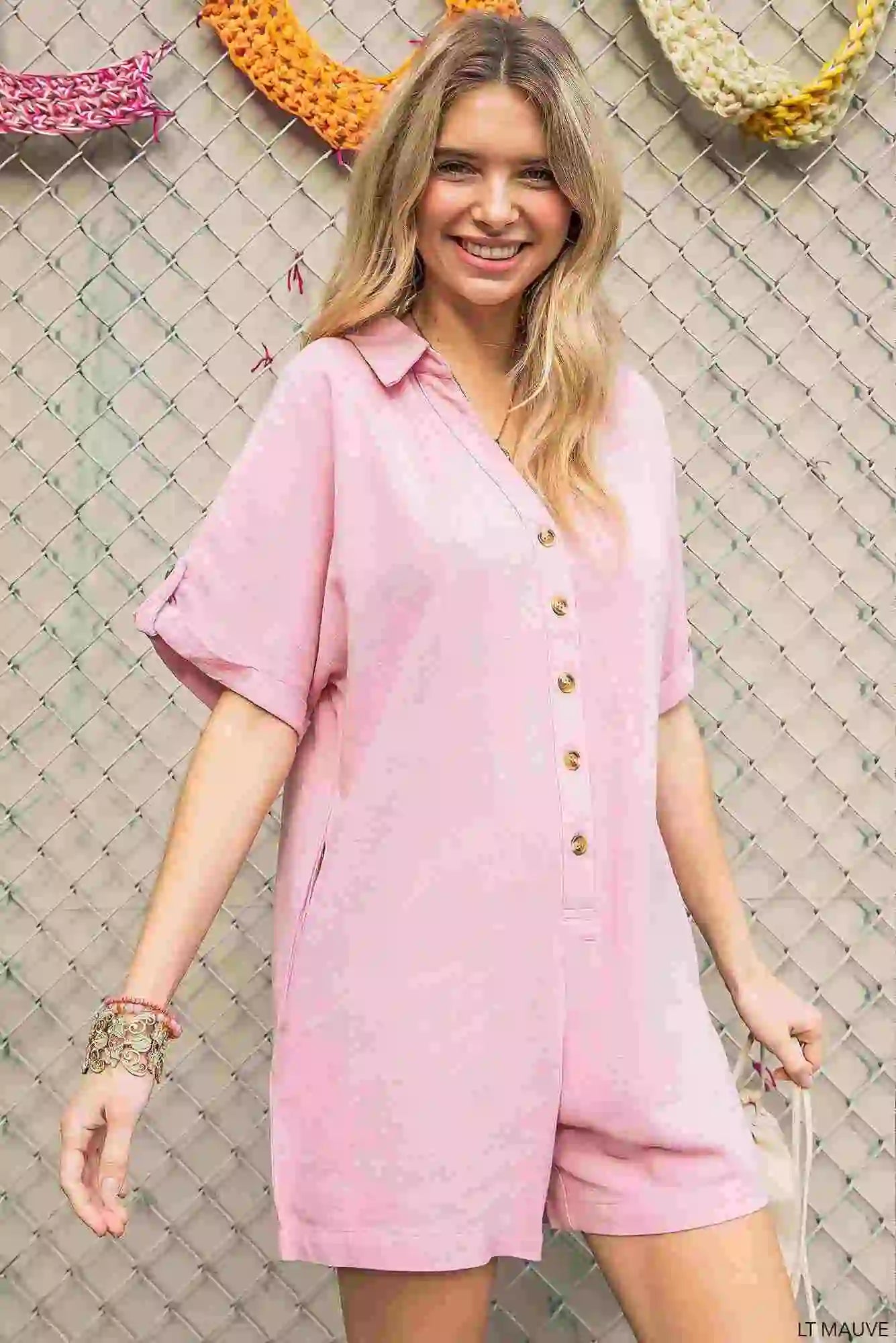 Button Romper wide side pockets Romper