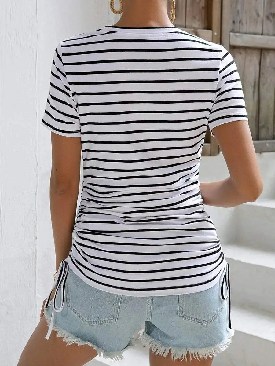 Maternity Striped Drawstring Side Tee Black and white