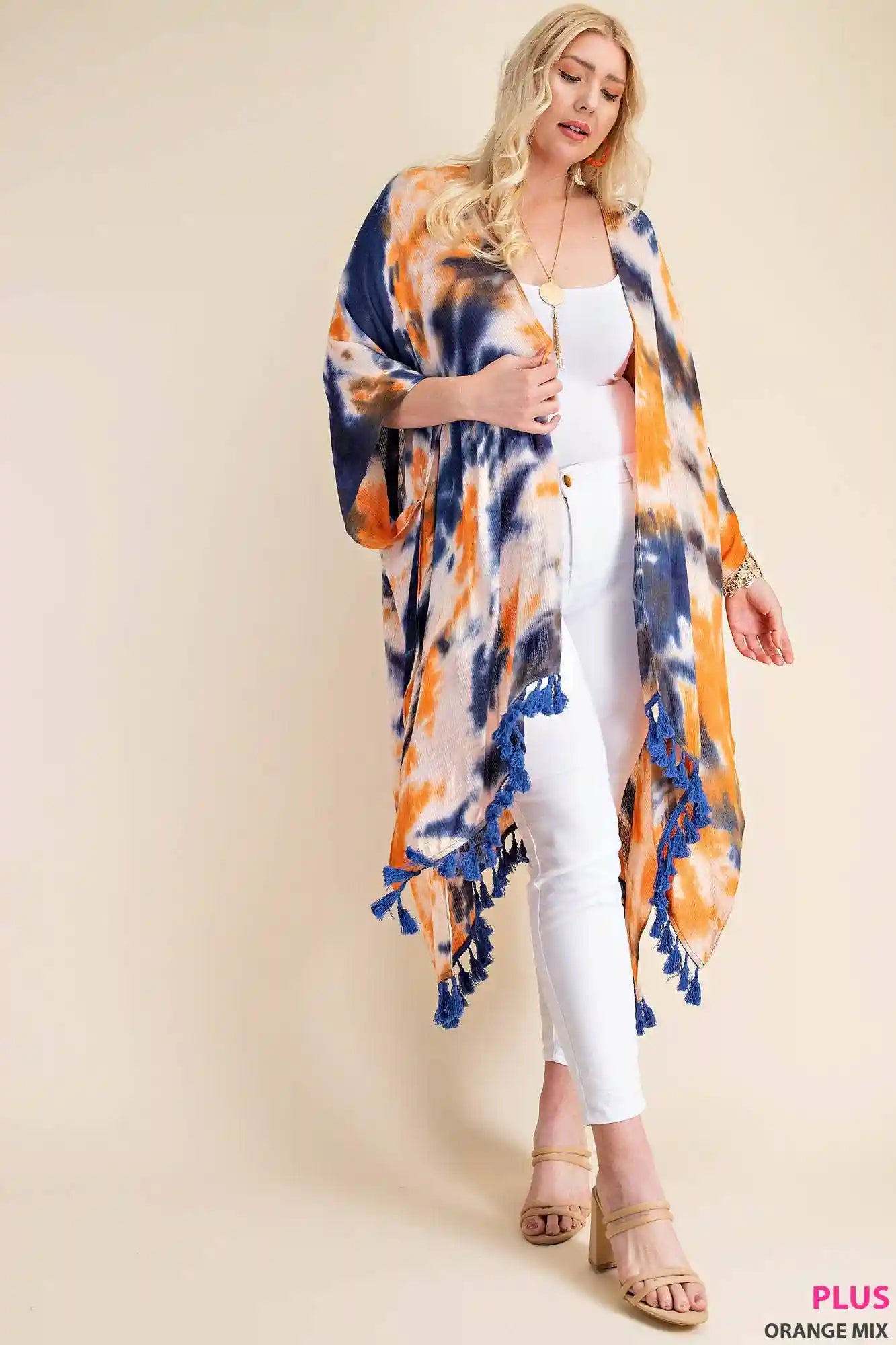 Tie Dye Kimono with Tassel Hem Detail 
