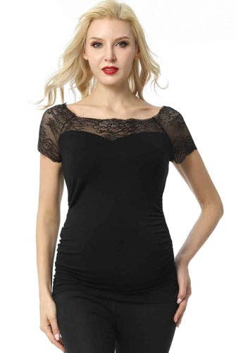 Maternity Luxury  Lace Shoulder Ruched Top Black