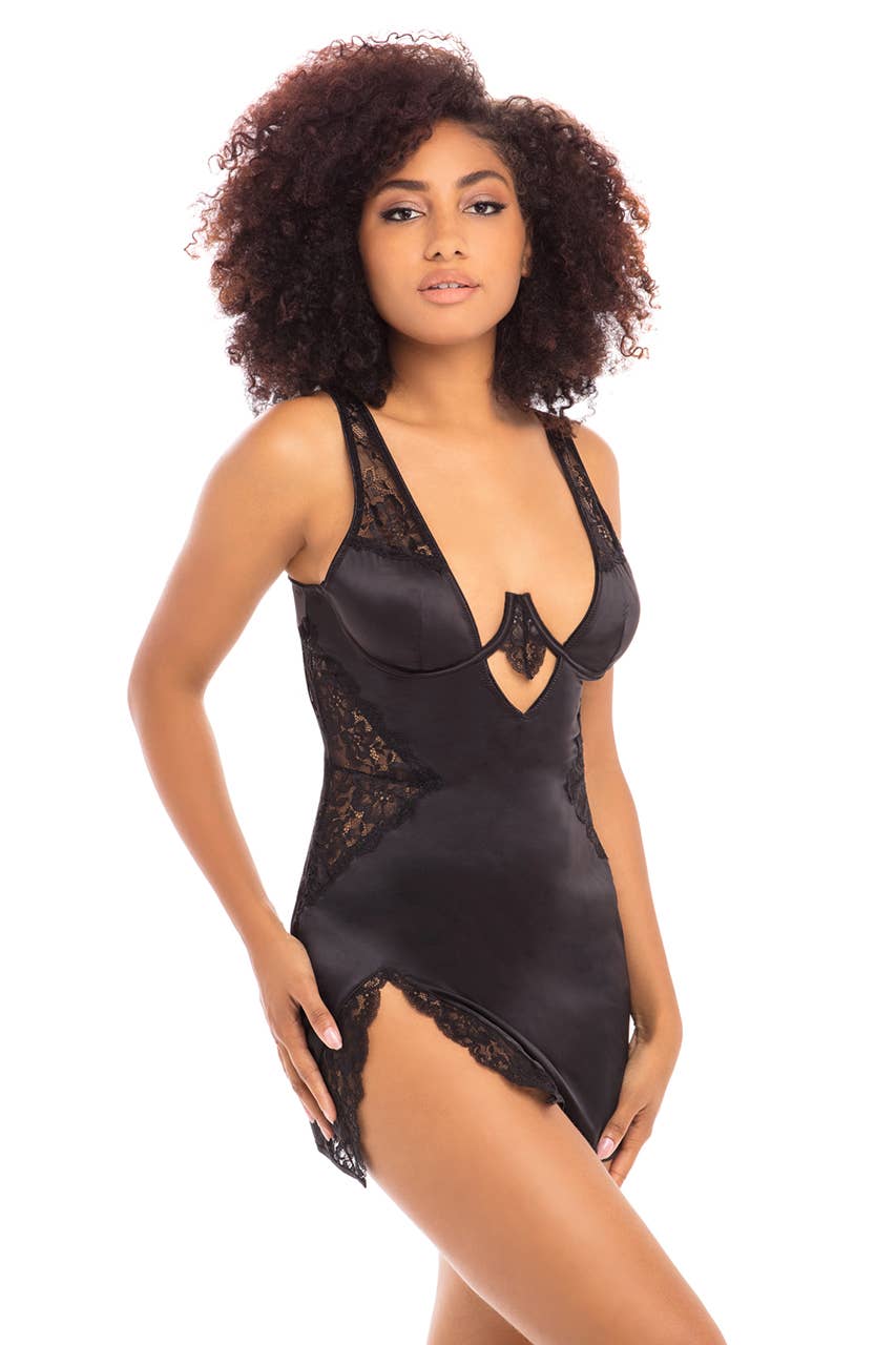 Satin & Lace Plunging Neckline Babydoll